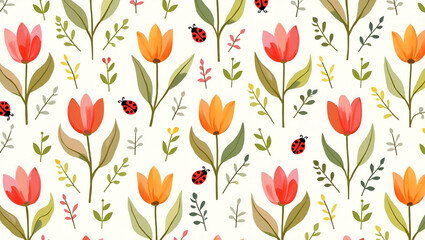 Colorful Spring Accents: Vibrant Easter Tulips and Ladybugs Seamless Tile Pattern with Empty Space for Customization in Photo Stock Concept