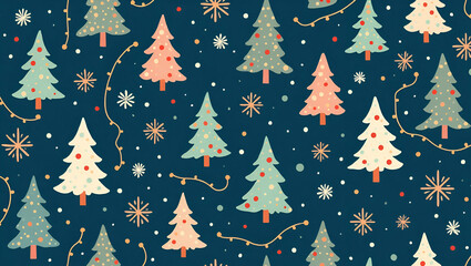 Joyful Holiday Winter Pattern: Festive Trees, Snowflakes, and Holiday Lights in a Simple Flat Vector Illustration for a Cheerful Seasonal Design