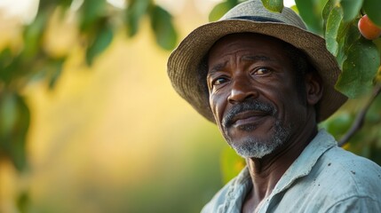 Portrait of an African American farmer tending to his plum orchard.