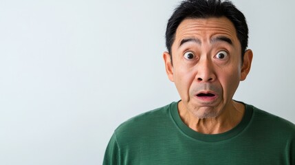 Surprised adult Asian man in a green shirt displaying a humorous facial expression against a white background.