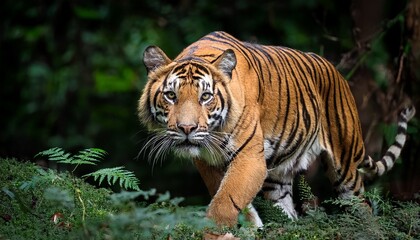 Obraz premium Indochinese tiger, tiger, big cat, prowling, predator, stealth, endangered species, rare, wildlife, forest, taiga, jungle, feline, wild cat, natural habitat, majestic, camouflage, hunting, tropical fo