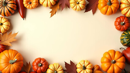 Assorted Pumpkins and Gourds Border Frame: Create Autumn-Themed Thanksgiving Messages with Empty Space for Your Creative Copy in Photo Stock