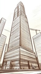 Fototapeta premium Sketch of skyscraper building in a city center with crane at work. Architecture and construction use