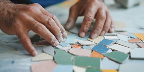 Hands Arranging Multicolored Mosaic Tiles