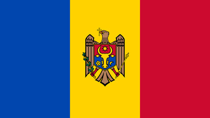 Moldovan flag featuring the national coat of arms with distinct blue, yellow, and red colors in a vibrant display