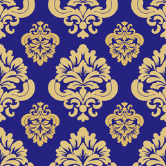 Damask seamless floral pattern, blue and gold color, vector illustration elegant for textile design, wall paper, bedding, curtain, cushion, upholstery fabric, luxury, vintage design, decoration