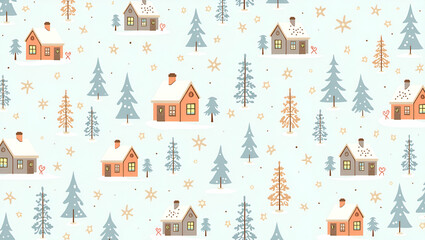 Naklejka premium Charming Winter Houses and Snowflakes: A Seamless Tile Pattern of a Snow-Covered Christmas Village in Simple Flat Vector Illustration for Festive Decor and Design