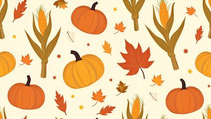 Naklejka premium Cozy Autumn Harvest Pattern Featuring Corn Stalks, Pumpkins, and Fall Leaves - Perfect for a Warm and Inviting Seasonal Look in Photo Stock with Empty Space on the Left Side