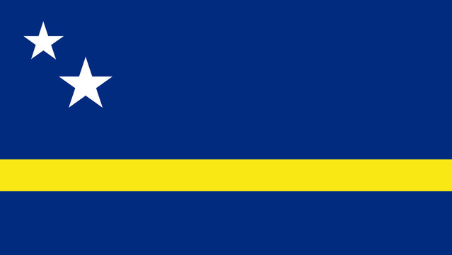 Flag of Curacao with blue background and yellow horizontal stripe featuring two white stars above