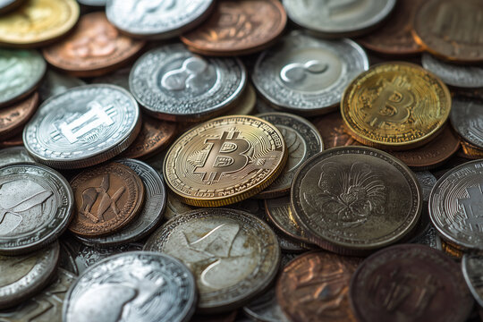 Cryptocurrency Coin Collection Close-Up. Close-up of assorted cryptocurrency coins. Ideal for finance, investment, or digital economy content.