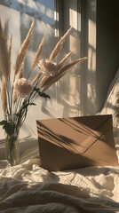 Sunlit envelope with flowers, sitting on bed near window, peaceful morning scene, ideal for greeting card or blog