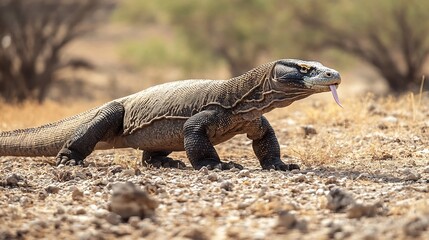 Lone Komodo dragon stalking through dry rocky terrain its tongue flicking out to taste the air