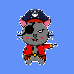Cute Pirate Cat Cartoon Character with Patch, Hook, and Hat, Vector Illustration