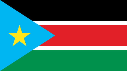 Flag of South Sudan featuring blue triangle, yellow star, red horizontal stripes, and green base