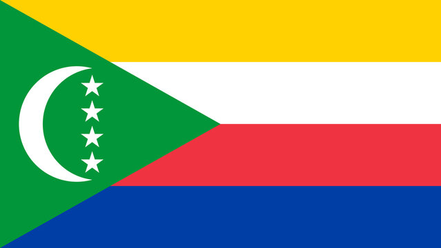 Comoros national flag featuring green, yellow, white, red, and blue horizontal stripes with a crescent and stars
