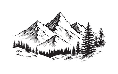 Fototapeta premium Black and White Mountain Landscape with Evergreen Forest in the Foreground