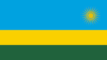 National flag of Rwanda displayed on a clear blue sky day, symbolizing unity and hope with vibrant colors and significant design elements