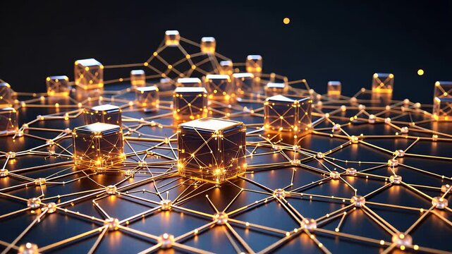 Futuristic Digital Blockchain Network With Glowing Golden Cubes Connected by a Complex Web of Data Nodes and Links


