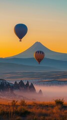 Fototapeta premium Serene sunrise hot air balloons over a misty desert landscape