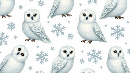 Seamless Tile Pattern of Frosty Snowflakes and Snowy Owls for Winter Wildlife Decor