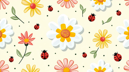 Vibrant Easter daisies and ladybugs seamless tile pattern with playful spring elements concept as Playful spring elements like vibrant Easter daisies and ladybugs create seamless tile pattern in  Phot