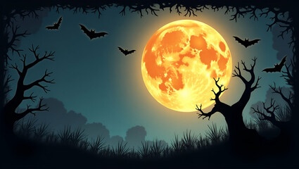 Fototapeta premium Spooky Halloween Frame: Silhouetted Bats & Full Moon Design