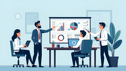 Flat Vector Illustration of Business Data Analytics Team Meeting for Financial Investment Planning