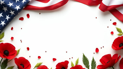 Elegant Memorial Day border frame featuring American flag and vibrant poppies with ample copy space concept as Beautifully designed Memorial Day frame with American flag and poppies providing space fo