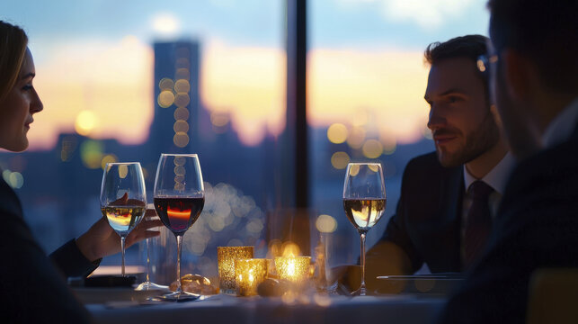 Formal business dinner with executives enjoying wine and city view