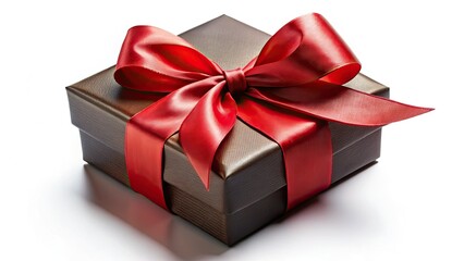 Obraz premium Low-lit scene: A red-ribboned chocolate gift box shines against a stark white background, capturing its decadent allure.