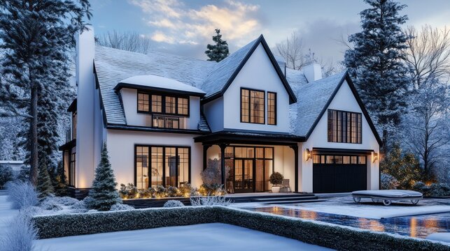 Luxurious snow-covered house with warm interior lighting at dusk.
