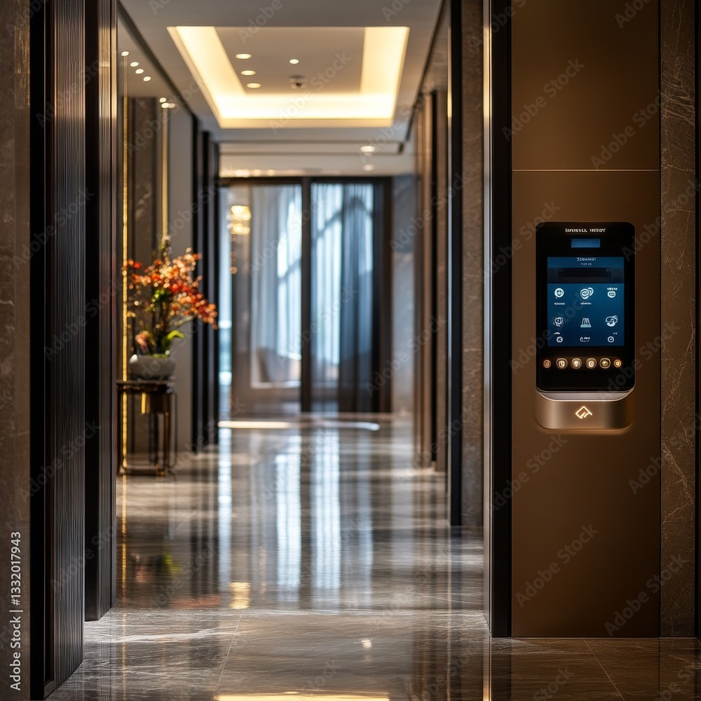 Poster Modern Luxurious Hallway with Smart Home Control Panel and Marble Flooring Displaying Reflected Light Patterns