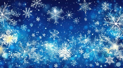 Sparkling snowflakes falling on a blue winter background.