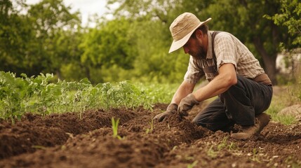 Farmer examining soil for carbon content on a farm.