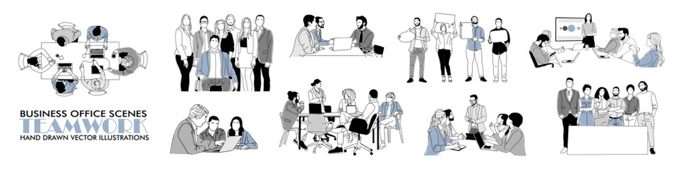 Teamwork business concept illustrations of men and women working together, meeting, brainstorming, taking part in business activities. Modern outline drawings Isolated