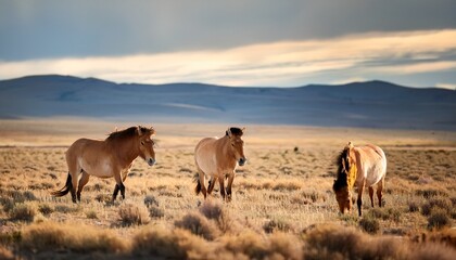 Przewalski&rsquo;s horses roam freely across the vast Mongolian steppe, their sturdy bodies grazing on the tall grasses, embodying the spirit of the wild in this untouched landscape