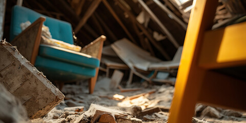 Damaged Attic with Furniture and Debris