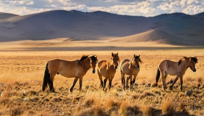 Obraz premium Przewalski’s horses roam freely across the vast Mongolian steppe, their sturdy bodies grazing on the tall grasses, embodying the spirit of the wild in this untouched landscape
