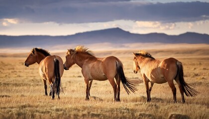 Fototapeta premium Przewalski’s horses roam freely across the vast Mongolian steppe, their sturdy bodies grazing on the tall grasses, embodying the spirit of the wild in this untouched landscape
