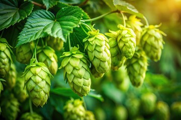 Panoramic spring hop cones: a serene garden scene, abundant green growth, peaceful nature photography.