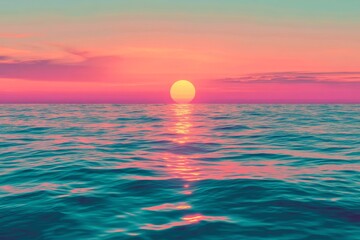 Obraz premium Soft pink gradient colors are present at the horizon in the serene sky with a blurred sunset overlooking the ocean