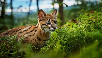 The critically endangered Iriomote cat, with its small, catlike body, hides in the dense foliage of the Japanese island of Iriomote, its sleek fur blending into the shadows