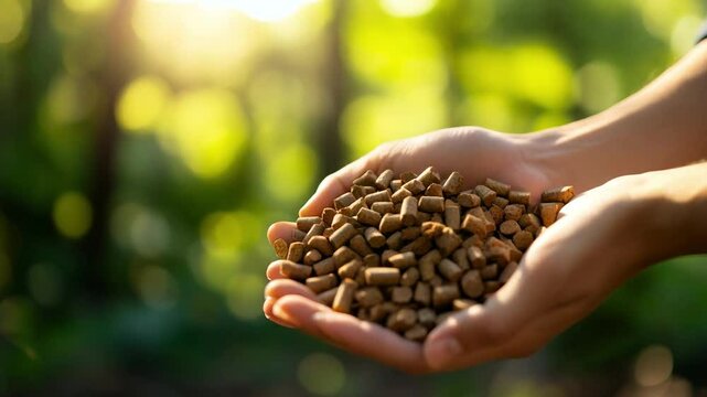 Person holding organic pellets in hands under natural sunlight in a lush, green forest during early morning hours