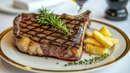 Grilled T bone steak with perfect sear served on a plate