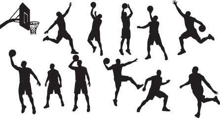 basketball player silhouette preparing to score in a hoop, perfect for depicting sports action, competition, or basketball-themed illustrations