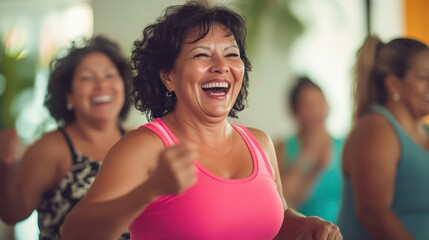 Middle-aged women expressing joy and vitality through Zumba dance class, their laughter filling the air, surrounded by friends.