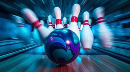 Portrait of a bowling ball striking pins, dynamic in motion; blurred lines, action poses, cool colors including blues, greens, and purples, fantastical and bizarre elements.