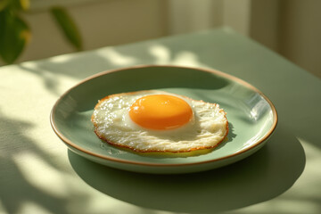 Plate with a fried egg, garnished with parsley, on white marble counter. Sunlight streams in, casting soft shadows.