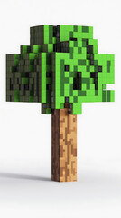 Detailed pixel art representation of a tree with green leaves and a brown trunk on a small green base, showcasing the creativity of 3D design