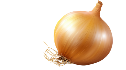 A detailed and realistic image of a fresh yellow onion, highlighting its smooth and slightly wrinkled skin, isolated on a transparent background.